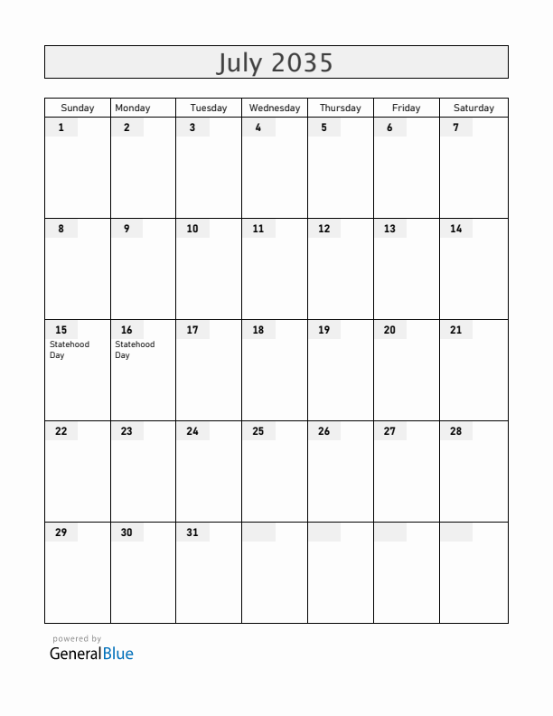 Ukraine July 2035 Calendar with Holidays