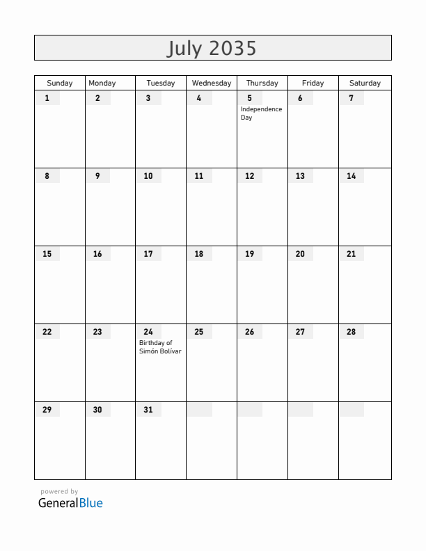 Venezuela July 2035 Calendar with Holidays