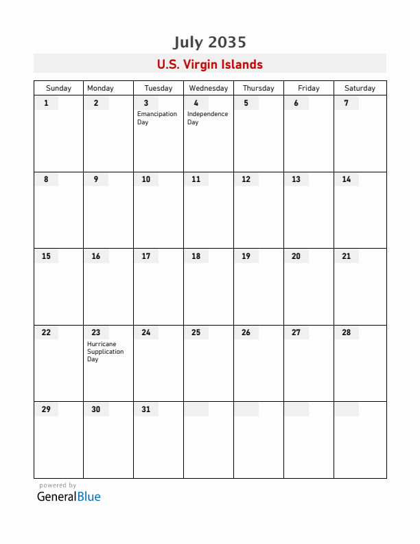 U.S. Virgin Islands July 2035 Calendar with Holidays