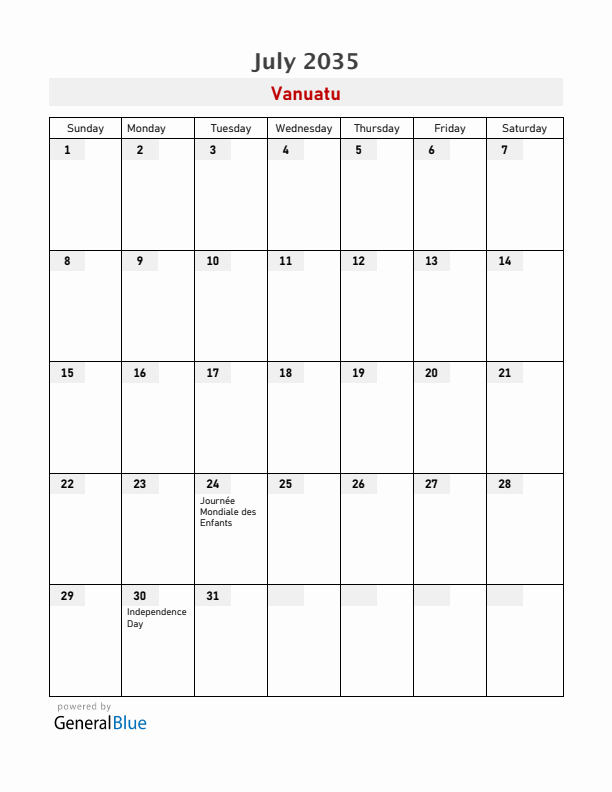 Vanuatu July 2035 Calendar with Holidays