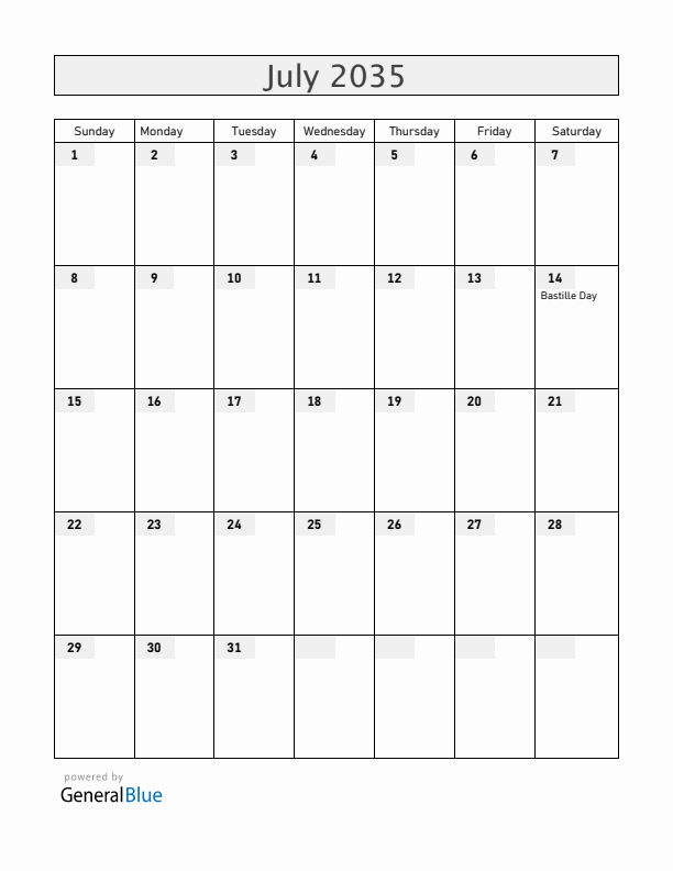 Mayotte July 2035 Calendar with Holidays