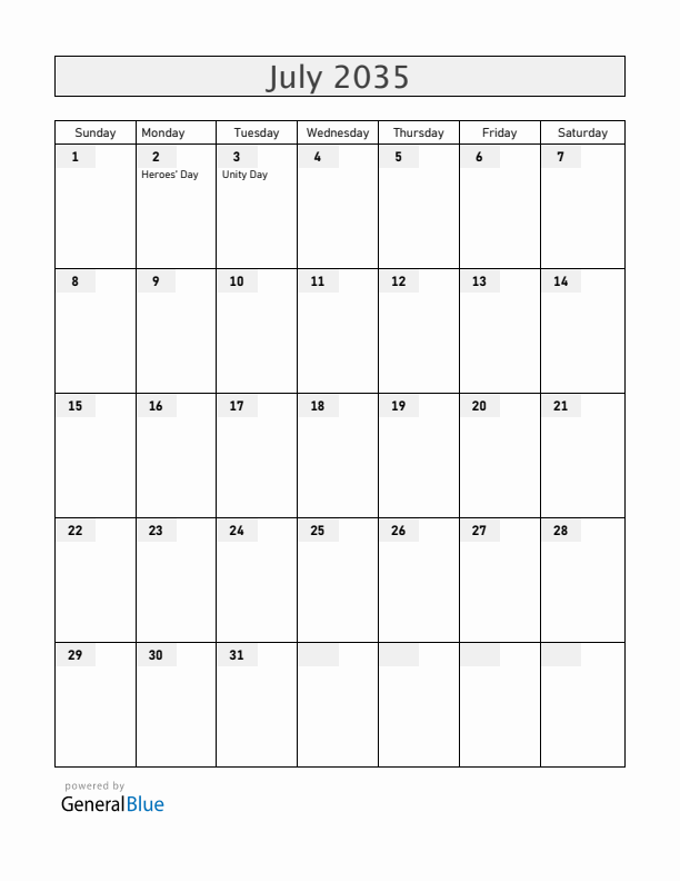 Zambia July 2035 Calendar with Holidays