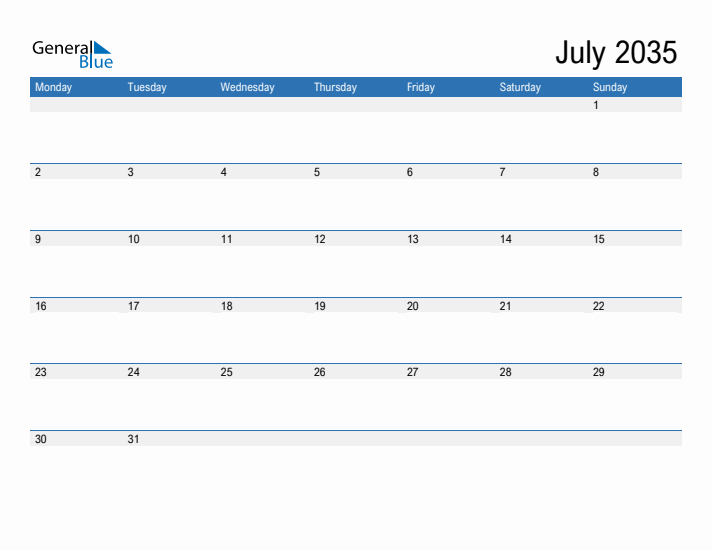 Fillable Calendar for July 2035