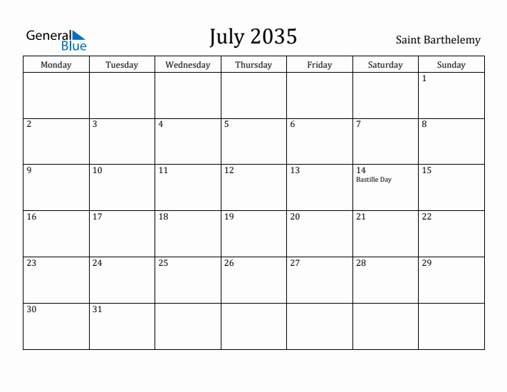 July 2035 Calendar Saint Barthelemy