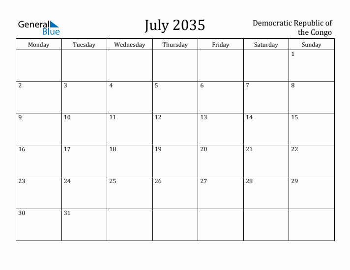 July 2035 Calendar Democratic Republic of the Congo