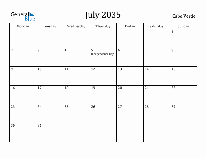 July 2035 Calendar Cabo Verde