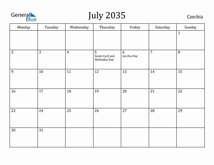 July 2035 Calendar Czechia
