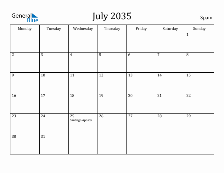 July 2035 Calendar Spain
