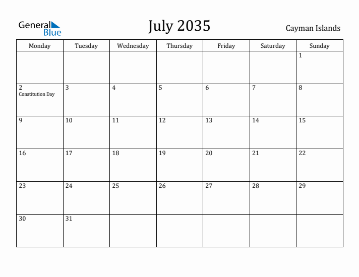 July 2035 Calendar Cayman Islands