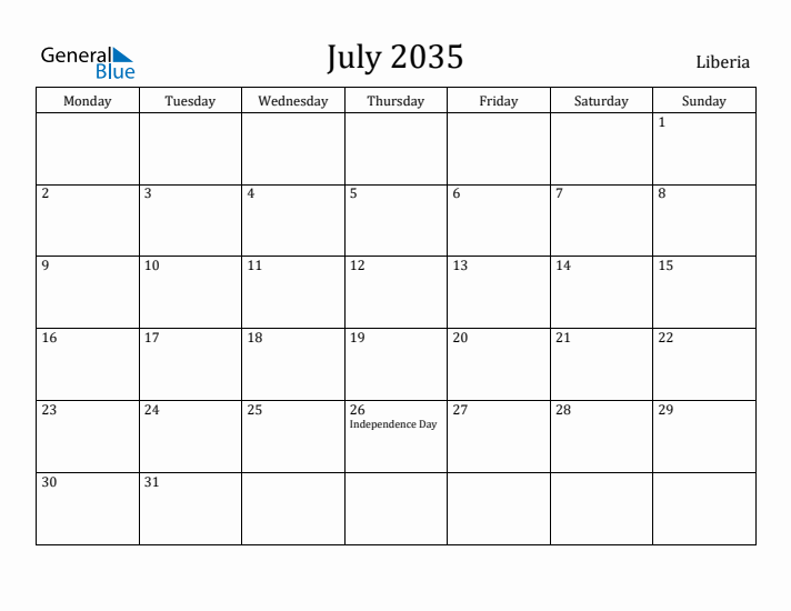 July 2035 Calendar Liberia