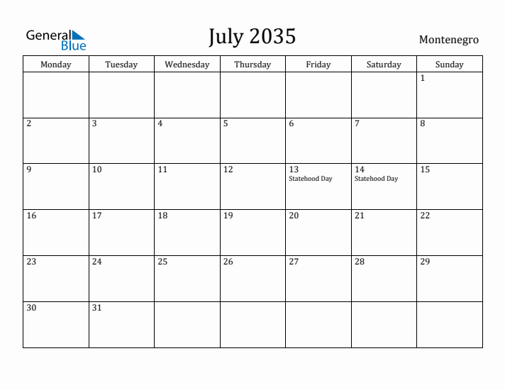 July 2035 Calendar Montenegro