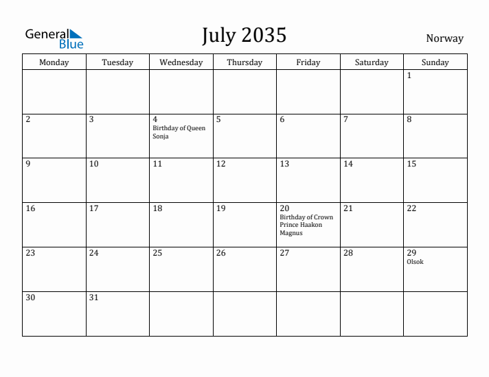 July 2035 Calendar Norway