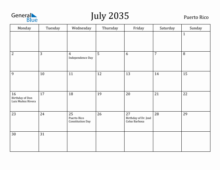 July 2035 Calendar Puerto Rico