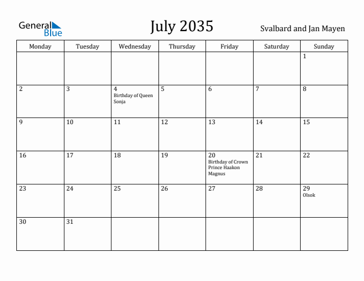 July 2035 Calendar Svalbard and Jan Mayen