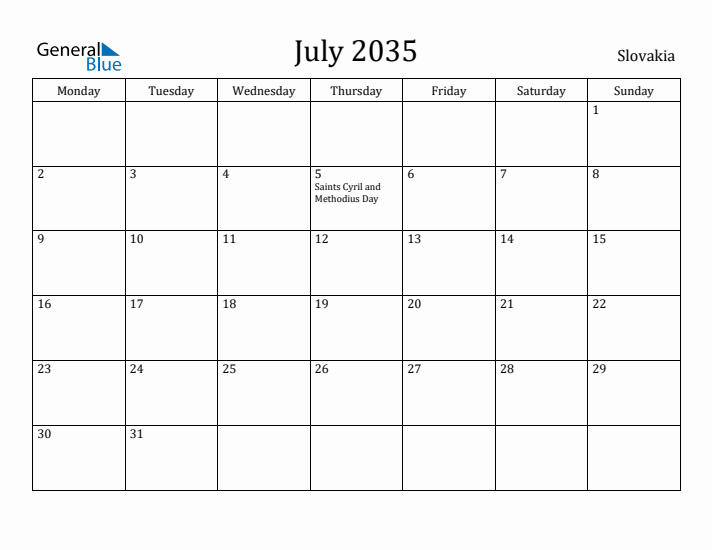 July 2035 Calendar Slovakia