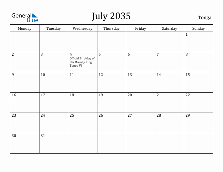 July 2035 Calendar Tonga
