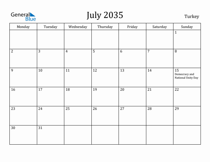 July 2035 Calendar Turkey