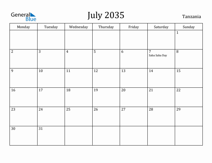 July 2035 Calendar Tanzania