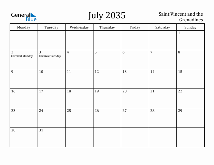 July 2035 Calendar Saint Vincent and the Grenadines