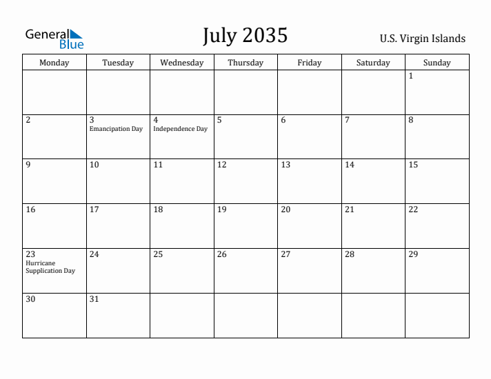 July 2035 Calendar U.S. Virgin Islands