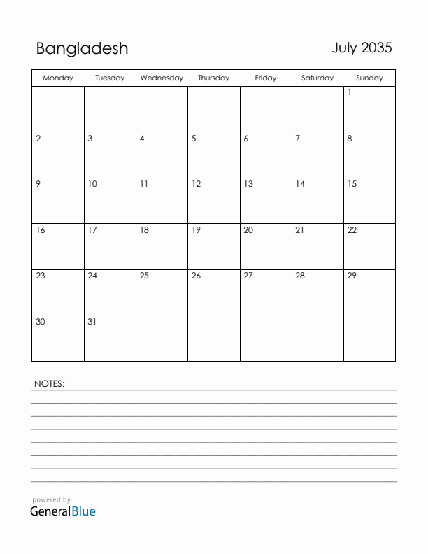 July 2035 Bangladesh Calendar with Holidays (Monday Start)