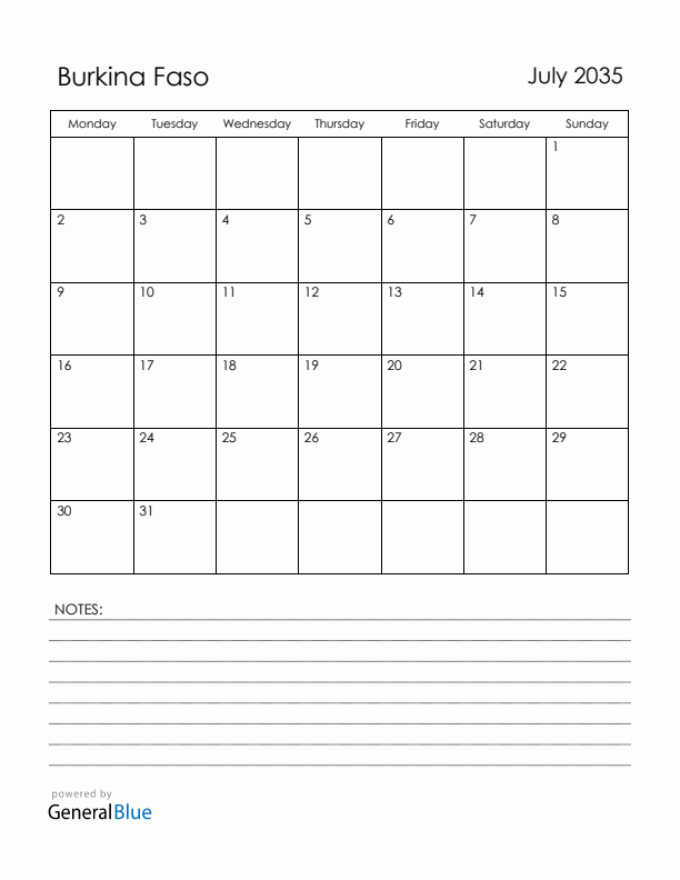 July 2035 Burkina Faso Calendar with Holidays (Monday Start)