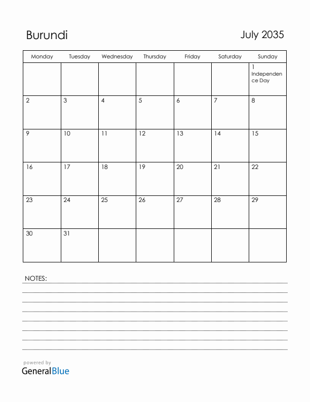 July 2035 Burundi Calendar with Holidays (Monday Start)