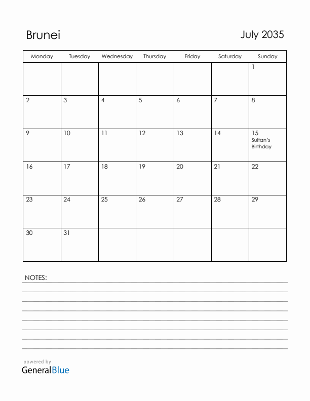 July 2035 Brunei Calendar with Holidays (Monday Start)