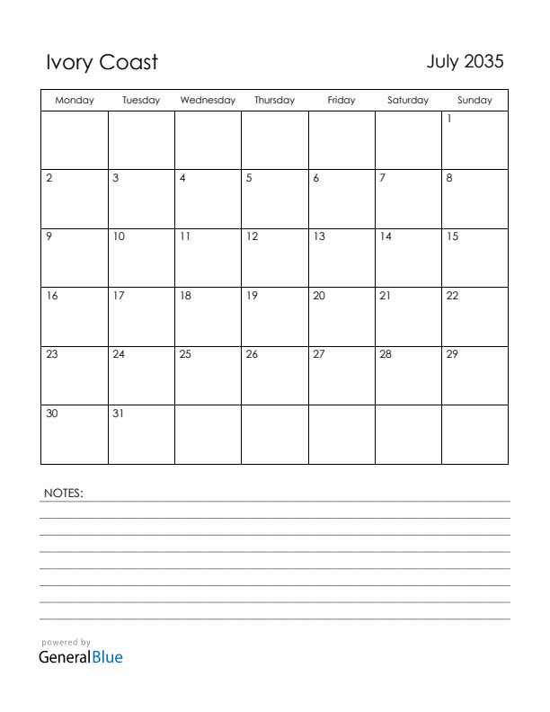 July 2035 Ivory Coast Calendar with Holidays (Monday Start)