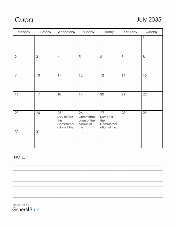 July 2035 Cuba Calendar with Holidays (Monday Start)