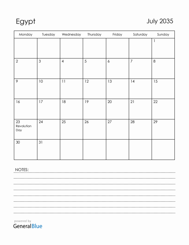 July 2035 Egypt Calendar with Holidays (Monday Start)