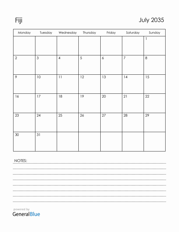 July 2035 Fiji Calendar with Holidays (Monday Start)
