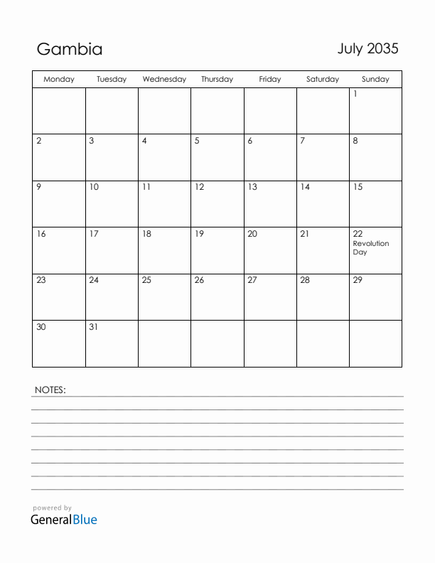 July 2035 Gambia Calendar with Holidays (Monday Start)