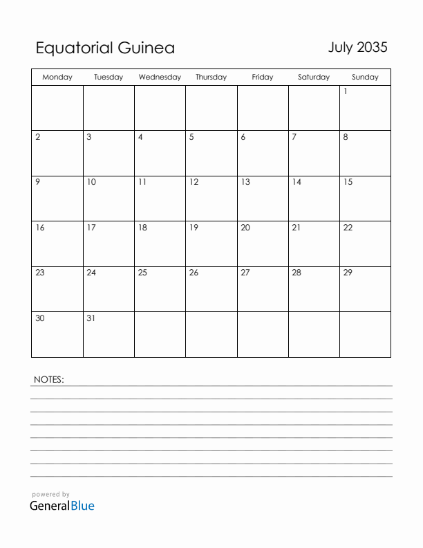 July 2035 Equatorial Guinea Calendar with Holidays (Monday Start)