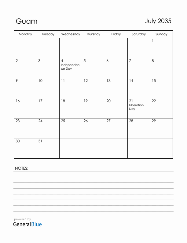 July 2035 Guam Calendar with Holidays (Monday Start)
