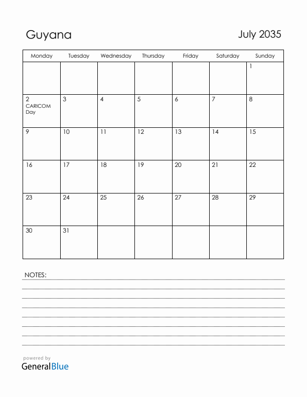 July 2035 Guyana Calendar with Holidays (Monday Start)