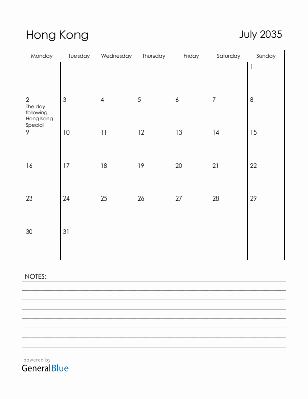 July 2035 Hong Kong Calendar with Holidays (Monday Start)