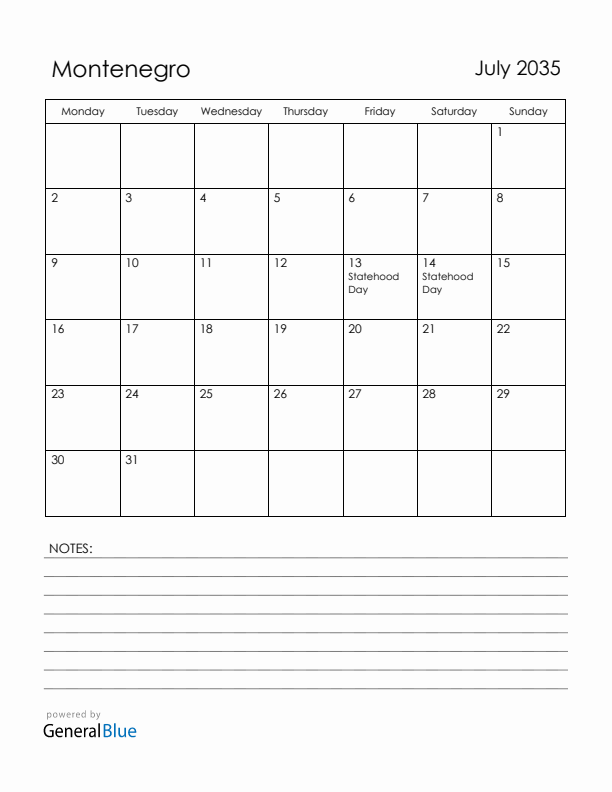 July 2035 Montenegro Calendar with Holidays (Monday Start)