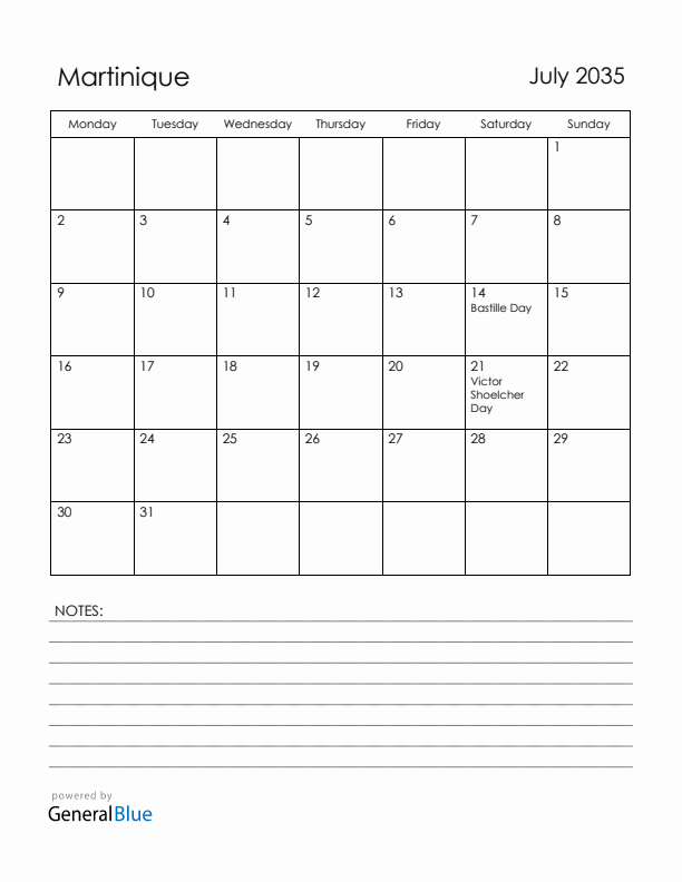 July 2035 Martinique Calendar with Holidays (Monday Start)
