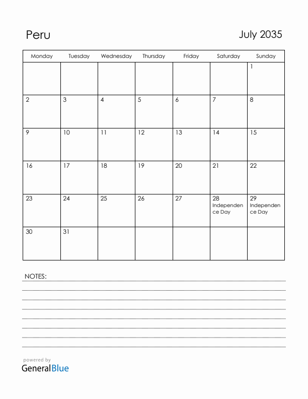 July 2035 Peru Calendar with Holidays (Monday Start)