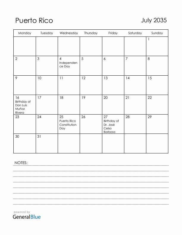July 2035 Puerto Rico Calendar with Holidays (Monday Start)