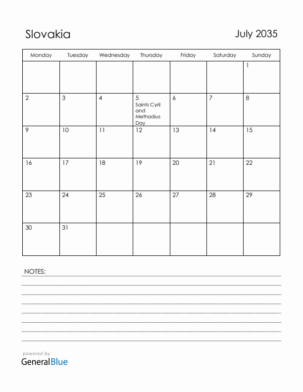 July 2035 Slovakia Calendar with Holidays (Monday Start)