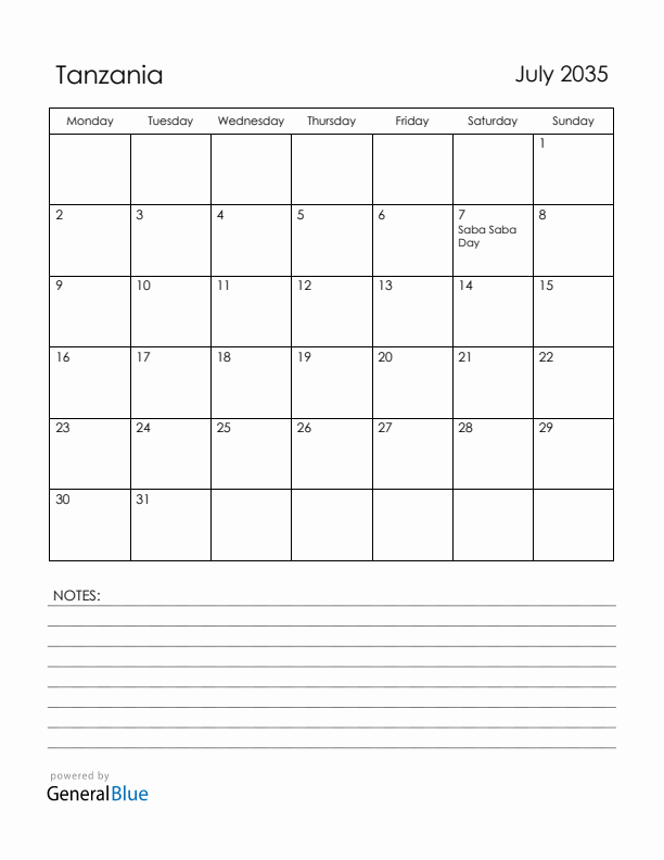July 2035 Tanzania Calendar with Holidays (Monday Start)