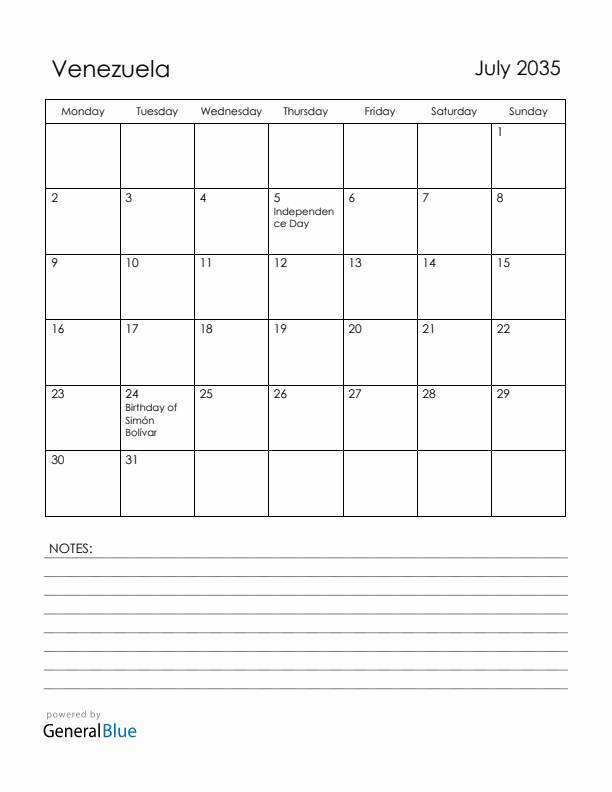 July 2035 Venezuela Calendar with Holidays (Monday Start)