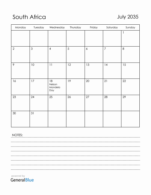 July 2035 South Africa Calendar with Holidays (Monday Start)