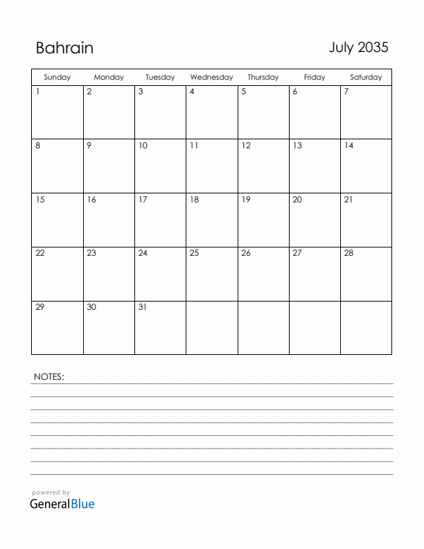 July 2035 Bahrain Calendar with Holidays (Sunday Start)