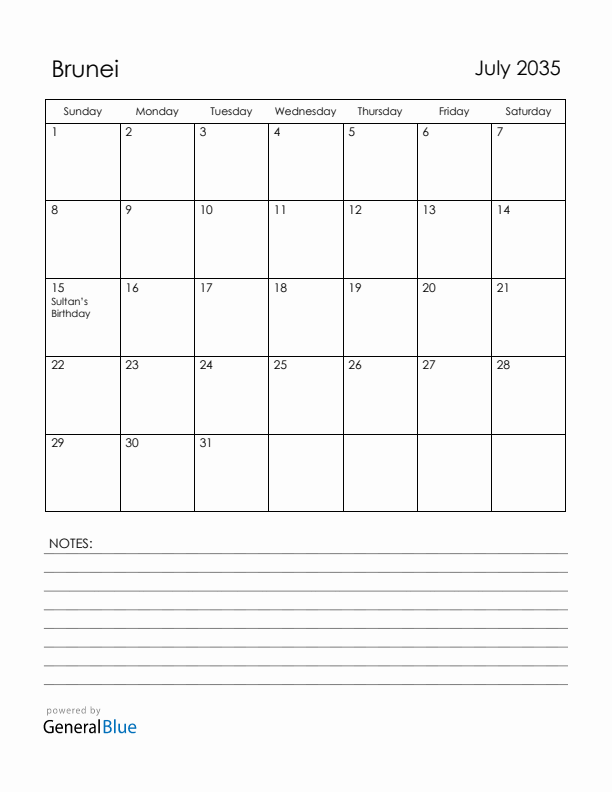 July 2035 Brunei Calendar with Holidays (Sunday Start)