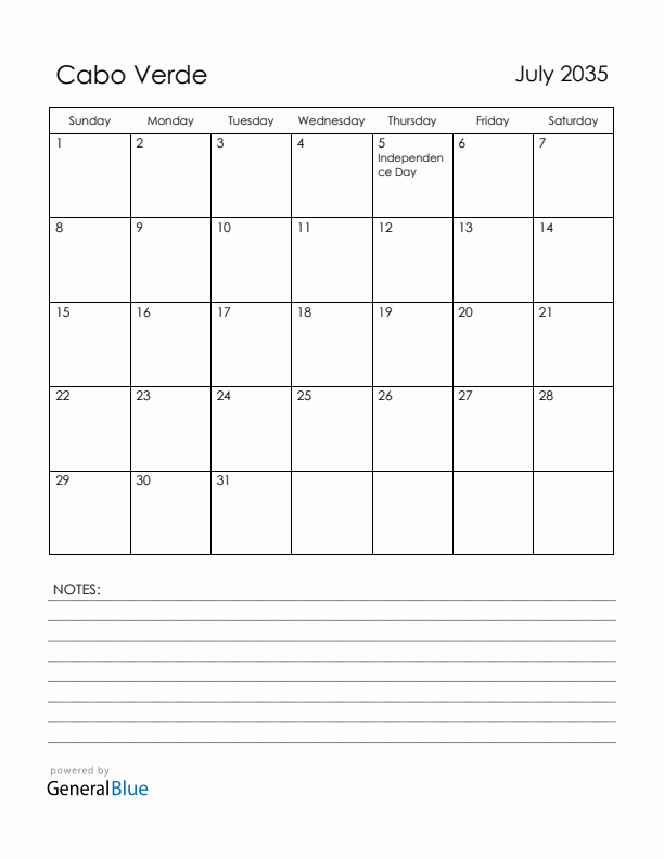 July 2035 Cabo Verde Calendar with Holidays (Sunday Start)