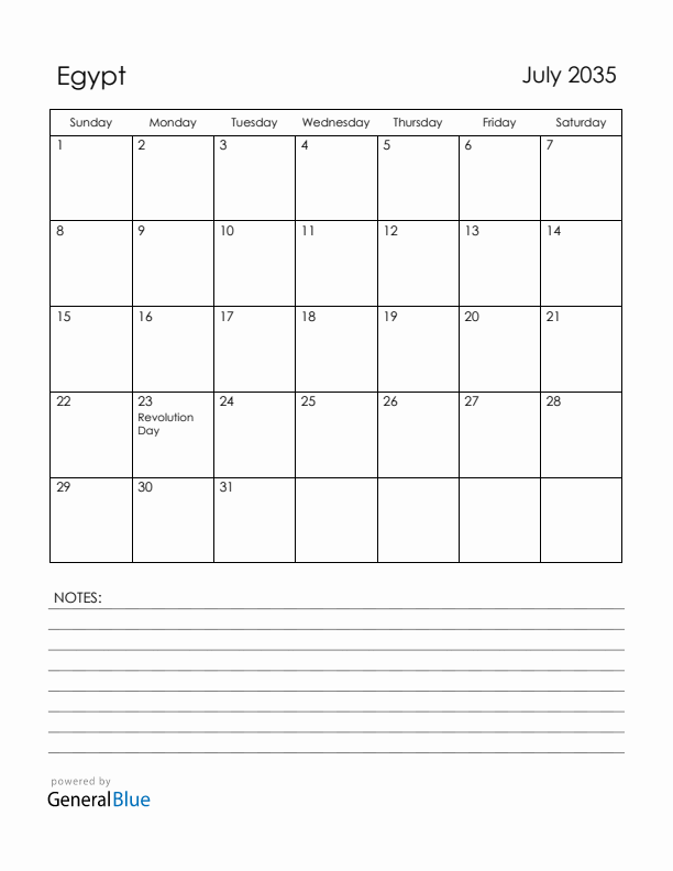 July 2035 Egypt Calendar with Holidays (Sunday Start)