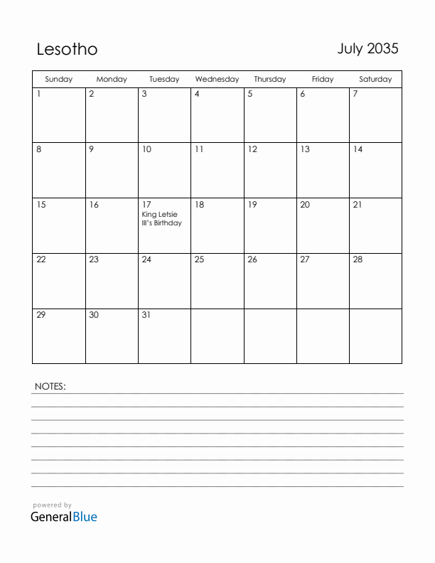July 2035 Lesotho Calendar with Holidays (Sunday Start)